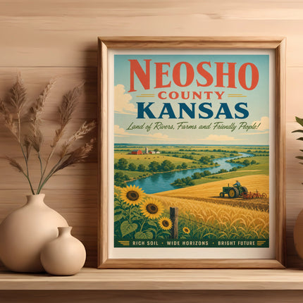 Neosho County Kansas poster with sunflowers, a river, and a tractor in a field.