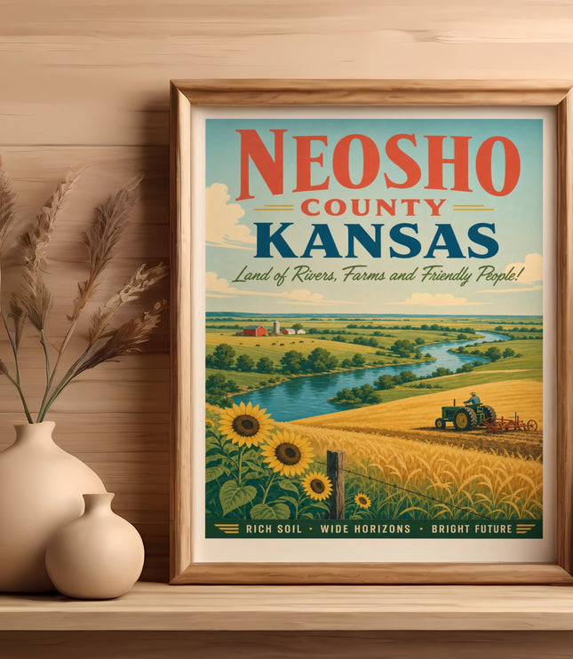 Neosho County Kansas poster with sunflowers, a river, and a tractor in a field.