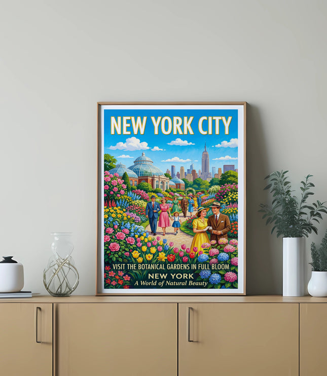 New York City poster with botanical gardens, people, and city skyline.