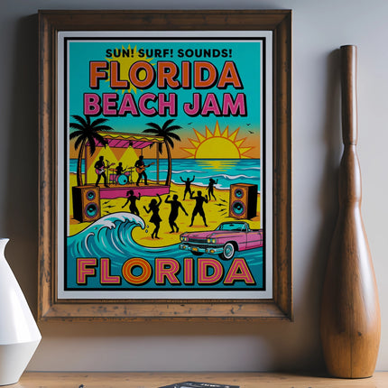 Retro Florida Beach Jam concert poster with band, beach scene, and car.
