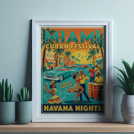 Miami Cuban Festival Havana Nights poster with vintage car, dancers, and palm trees.