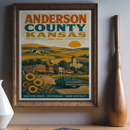 Anderson County Kansas poster with rolling hills, sunflowers, and town scene.