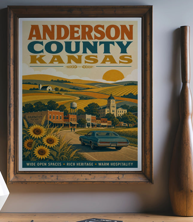 Anderson County Kansas poster with rolling hills, sunflowers, and town scene.