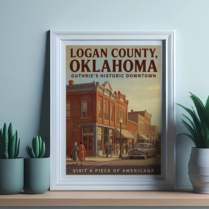 Poster of Logan County, Oklahoma historic downtown with a vintage car.
