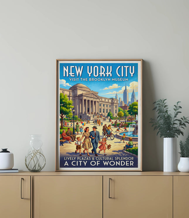 New York City travel poster featuring the Brooklyn Museum and city skyline.