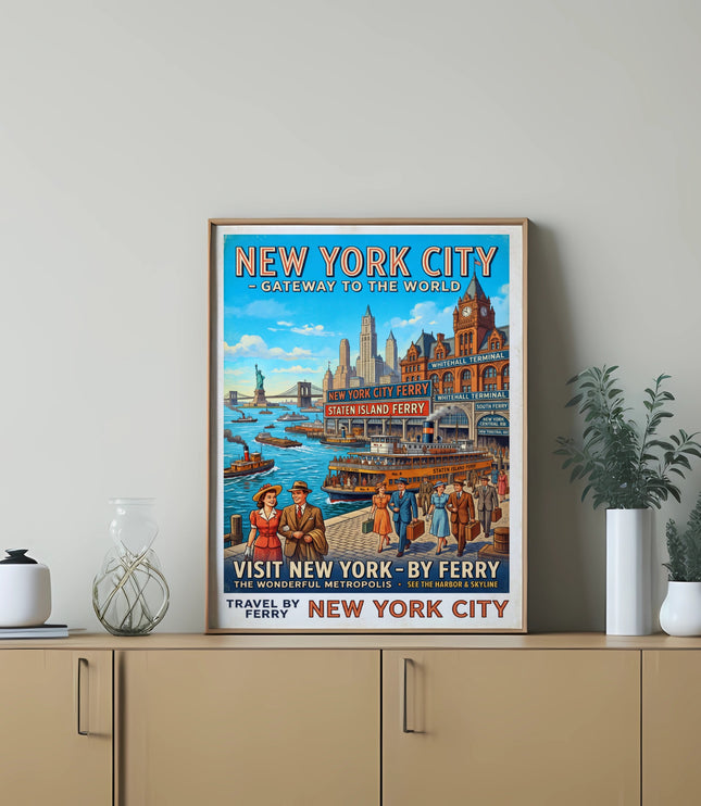 New York City vintage travel poster showing ferries, skyline, and people.