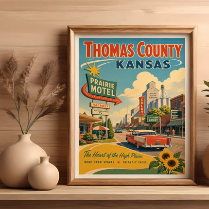 Vintage travel poster for Thomas County, Kansas, featuring a motel and classic car.