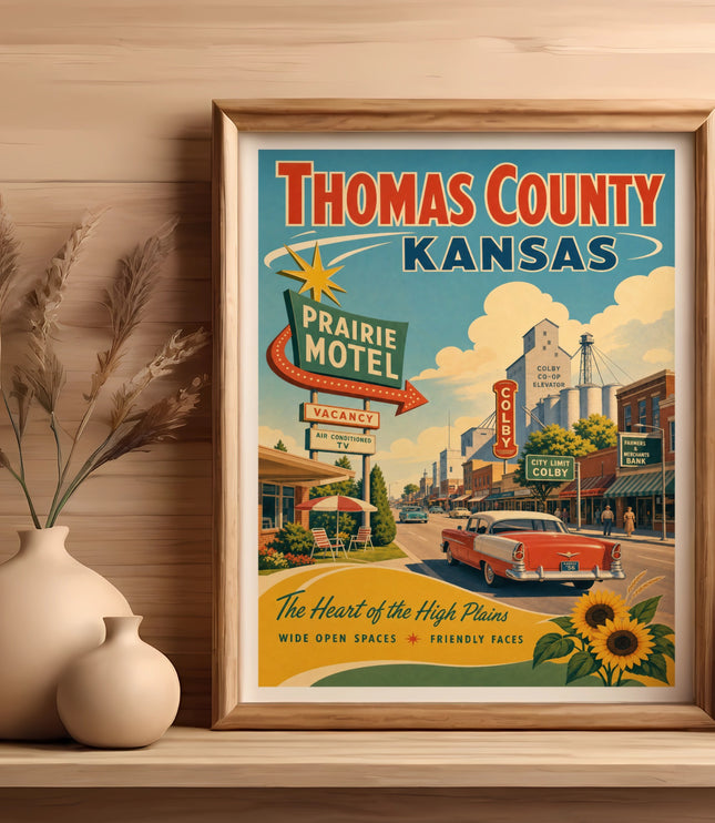 Vintage travel poster for Thomas County, Kansas, featuring a motel and classic car.