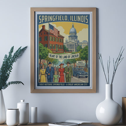 Vintage poster for Springfield, Illinois featuring historic buildings and families.