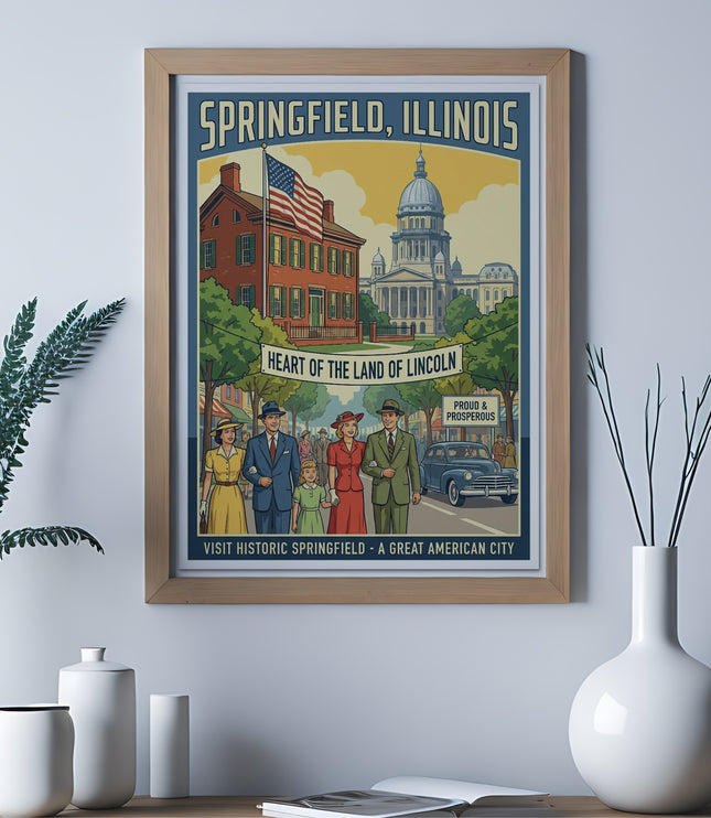Vintage poster for Springfield, Illinois featuring historic buildings and families.