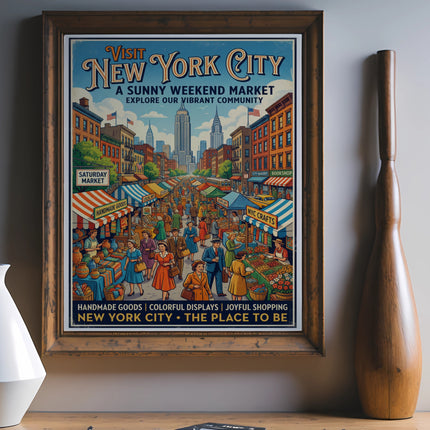 Vintage New York City market poster with colorful stalls and text.