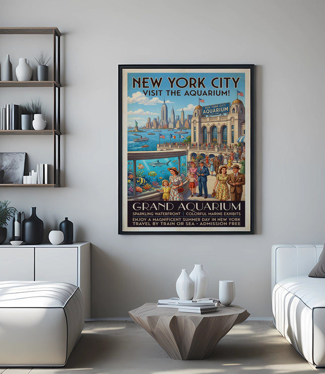 New York City Grand Aquarium vintage travel poster with skyline.
