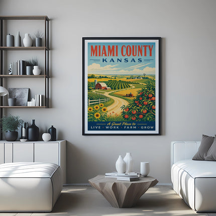 Miami County Kansas vintage travel poster featuring farms and fields.