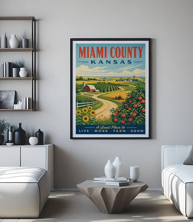 Miami County Kansas vintage travel poster featuring farms and fields.