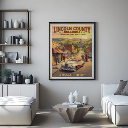 Vintage poster showing Lincoln County, Oklahoma with Route 66 cafe and a classic car.