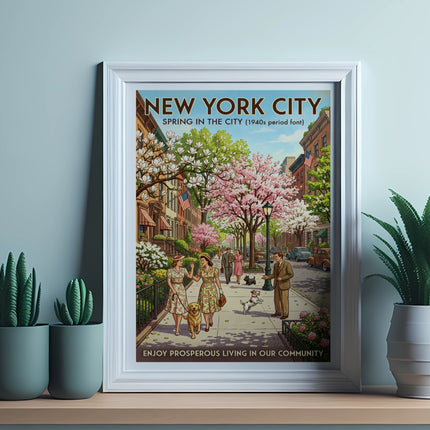 New York City Spring in the City poster with people and buildings.