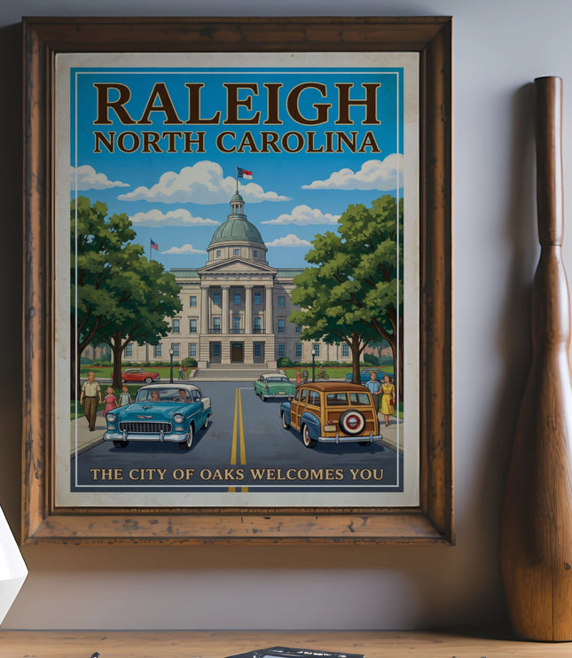 Raleigh North Carolina poster shows the capitol building with vintage cars and people.