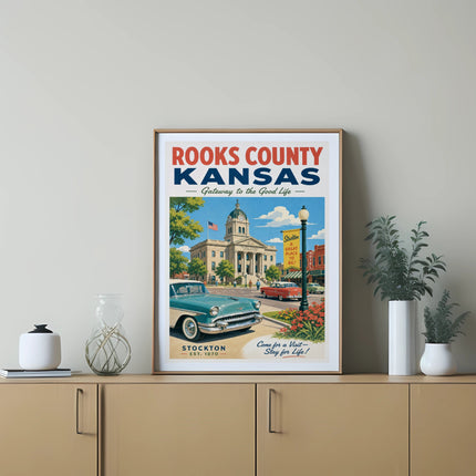 Rooks County Kansas vintage poster with a classic car and Stockton EST. 1870.