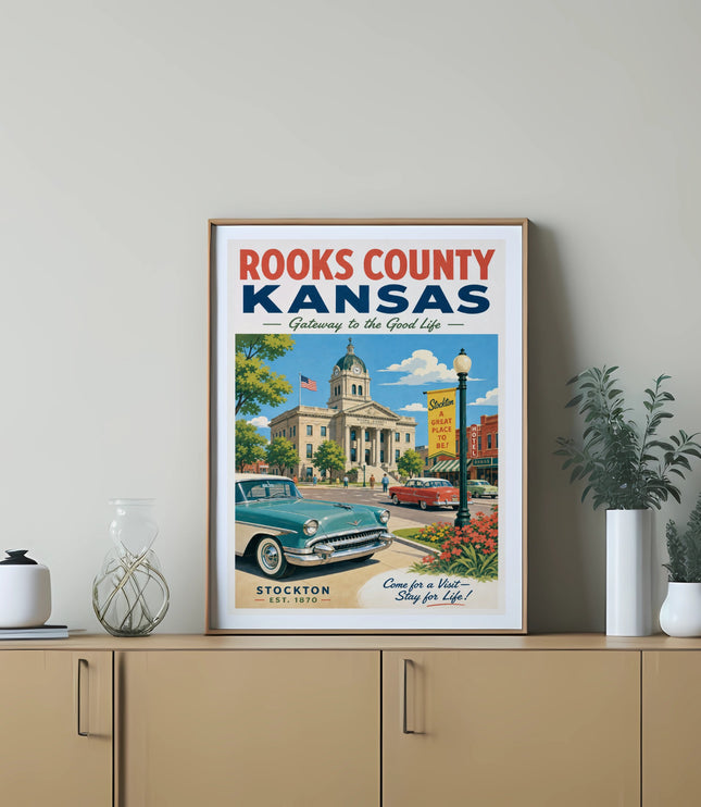 Rooks County Kansas vintage poster with a classic car and Stockton EST. 1870.