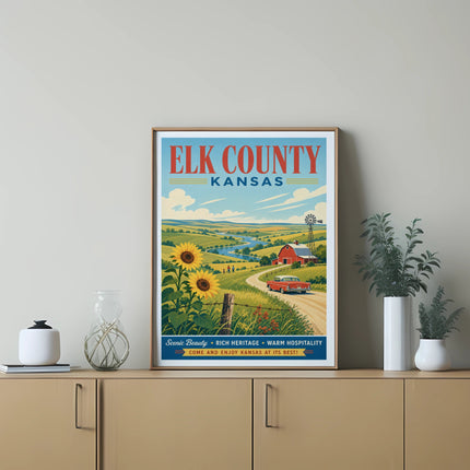 Elk County Kansas vintage travel poster with farm and sunflowers.