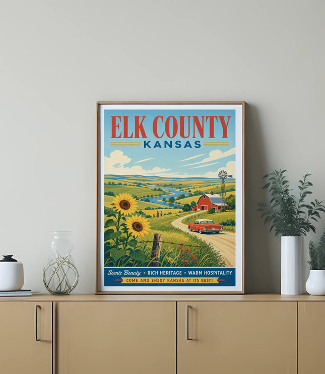 Elk County Kansas vintage travel poster with farm and sunflowers.