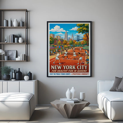 Poster of New York City public tennis courts in Queens, promoting healthy fun.