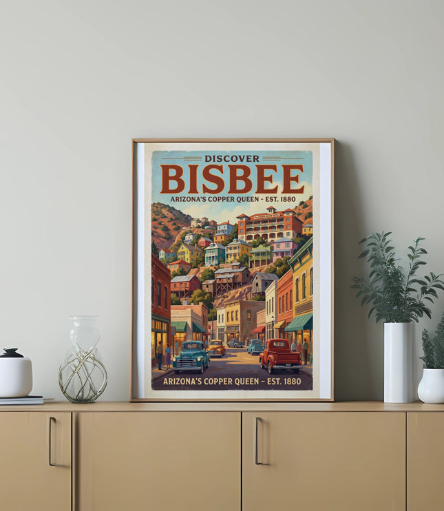 Discover Bisbee, Arizona's Copper Queen, est. 1880 vintage poster art.