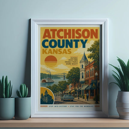 Atchison County Kansas vintage travel poster with river scene and historic buildings.