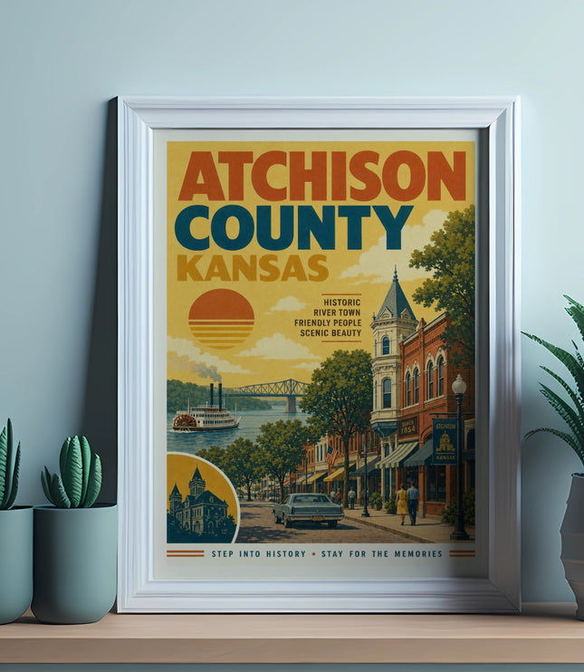 Atchison County Kansas vintage travel poster with river scene and historic buildings.