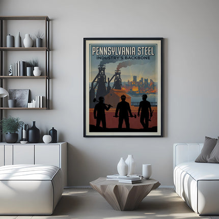 Retro poster showing three factory workers against an industrial Pennsylvania Steel backdrop.