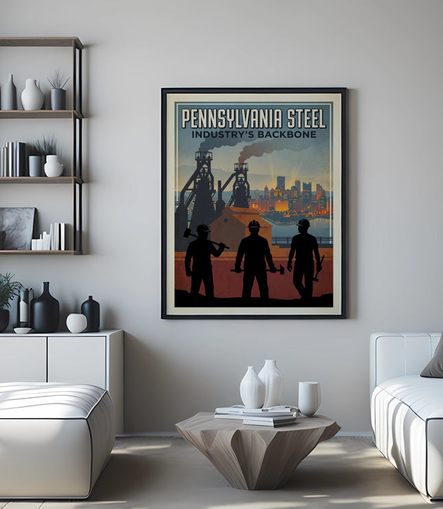 Retro poster showing three factory workers against an industrial Pennsylvania Steel backdrop.