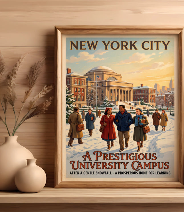 New York City vintage poster depicting a university campus in winter snow.