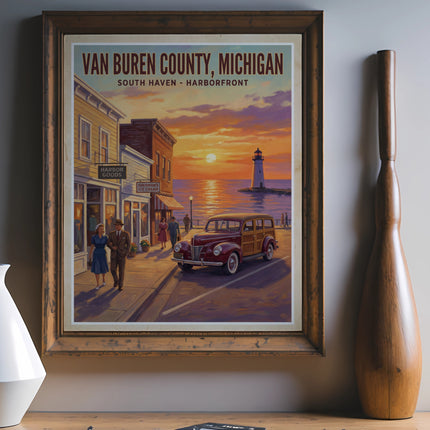 Vintage painting of Van Buren County, Michigan at South Haven harborfront at sunset.