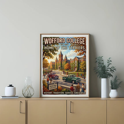 Wofford College art poster showing buildings, people, and vintage cars with text.