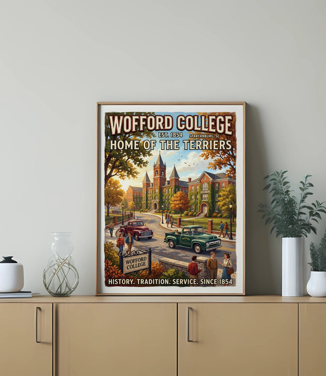 Wofford College art poster showing buildings, people, and vintage cars with text.