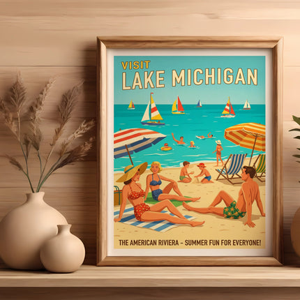 Vintage "Visit Lake Michigan" poster with people enjoying beach activities.