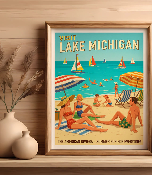 Vintage "Visit Lake Michigan" poster with people enjoying beach activities.