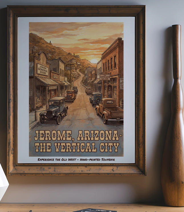 Framed "Jerome, Arizona - The Vertical City" poster depicting a vintage street scene with cars.