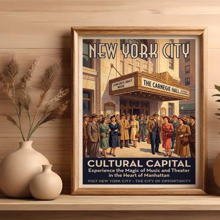 Vintage "New York City Cultural Capital" poster featuring Carnegie Hall.