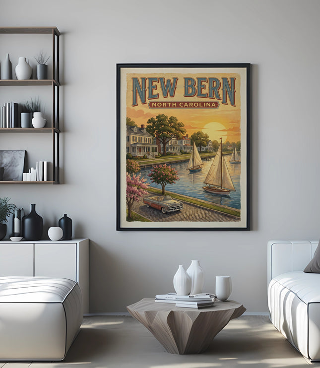 Vintage New Bern North Carolina poster with boats on water at sunset.