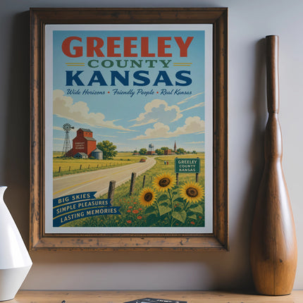 Greeley County Kansas vintage travel poster with sunflowers and farm scene.