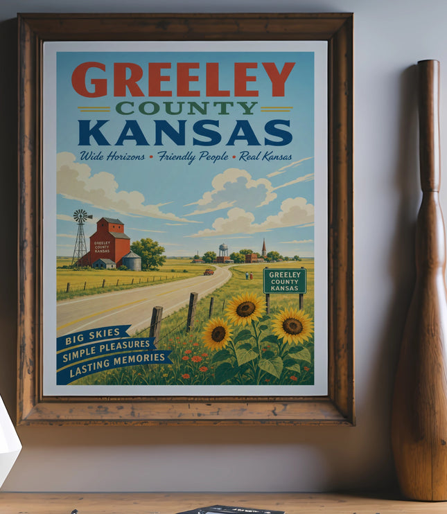 Greeley County Kansas vintage travel poster with sunflowers and farm scene.