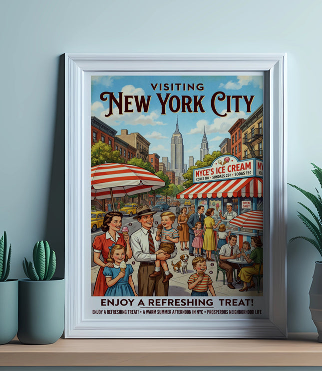 Vintage poster of New York City skyline with families enjoying ice cream.