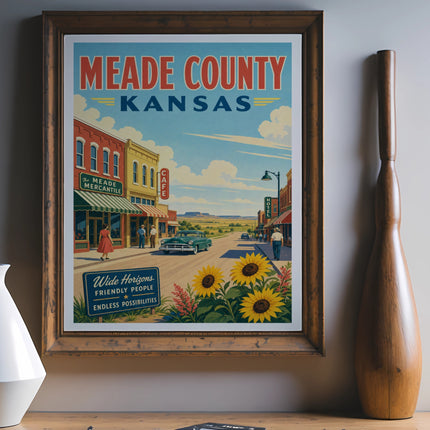 Vintage travel poster for Meade County, Kansas, featuring sunflowers and a town street scene.