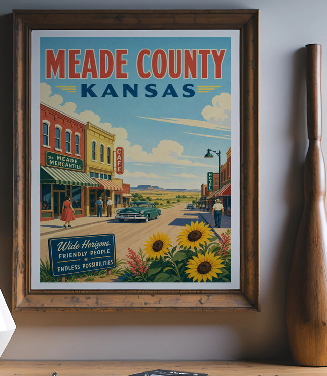 Vintage travel poster for Meade County, Kansas, featuring sunflowers and a town street scene.