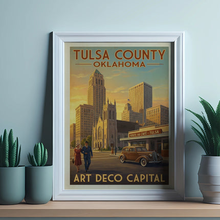 "Tulsa County Oklahoma Art Deco Capital vintage poster with buildings, car, and couple."