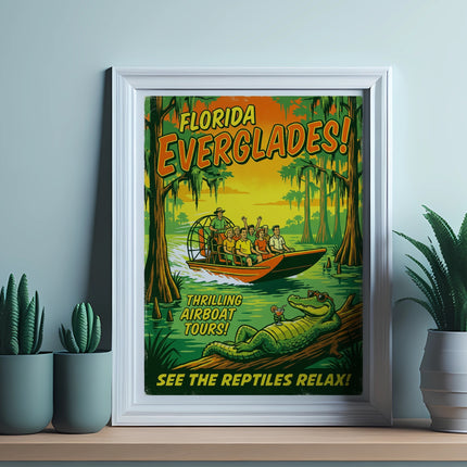Florida Everglades airboat tour poster featuring alligator and swamp scene.