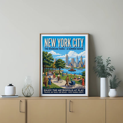 New York City Riverside Parks poster with people enjoying summer activities.
