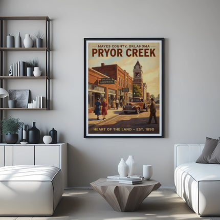 Framed Pryor Creek, Oklahoma vintage poster with street scene and text.