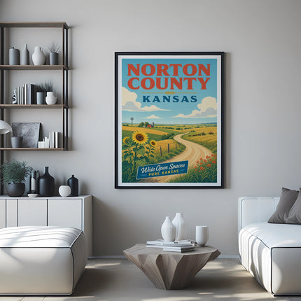 Poster of Norton County, Kansas featuring farmland, windmills, and open spaces.